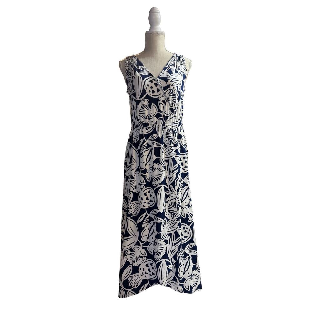 Talbots Dress Faux Wrap Maxi Tank Blue White Botanical Medium Petite Cotton Knit - Picture 2 of 16